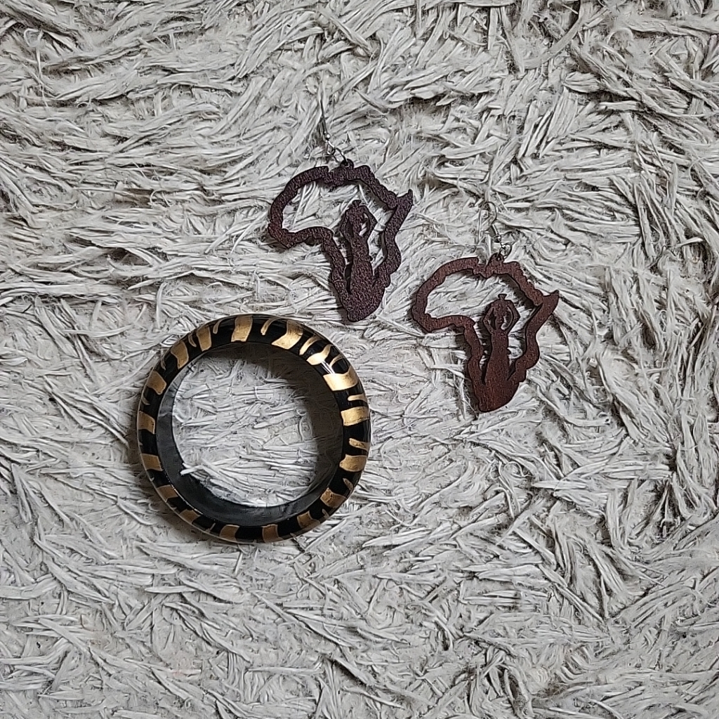 African Queen Bundle Wood Bangle Bracelet And Brown Wooden Earrings Women Boho